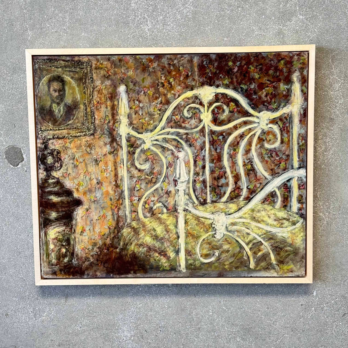 1960's Original Oil Om Board - Floral Wall With Bed Signed B. Sandler