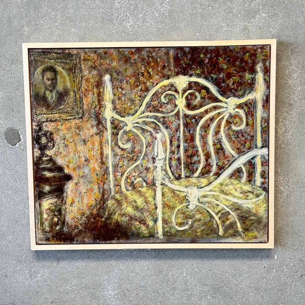 1960's Original Oil Om Board - Floral Wall With Bed Signed B. Sandler