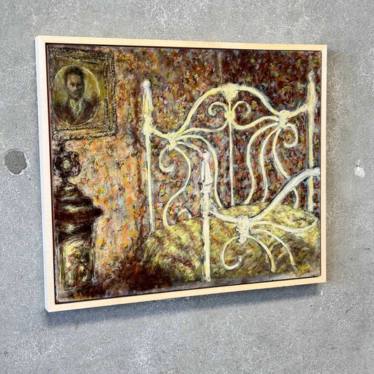 1960's Original Oil Om Board - Floral Wall With Bed Signed B. Sandler