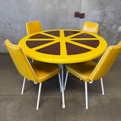 1970s Lemon Slice Dining Table and Four Original Yellow Chairs