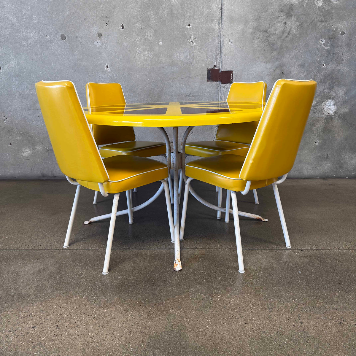 1970s Lemon Slice Dining Table and Four Original Yellow Chairs