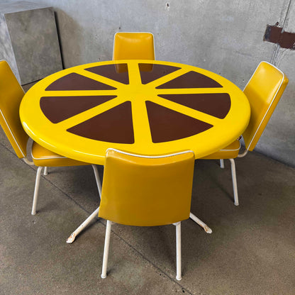 1970s Lemon Slice Dining Table and Four Original Yellow Chairs