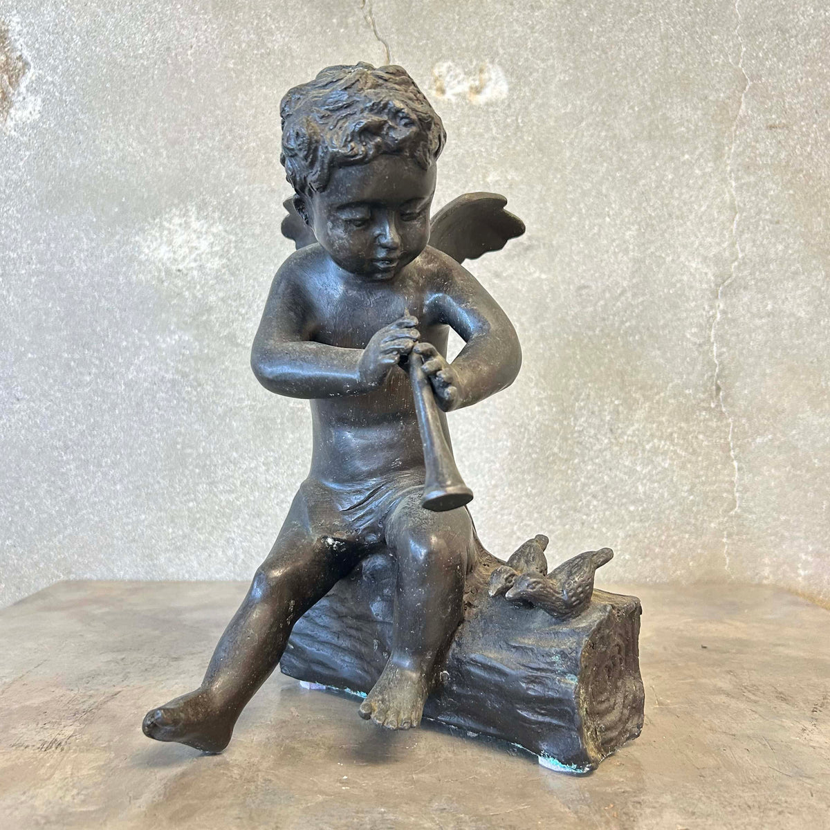 Bronze Vintage Cherub Angel Playing the Flute #1