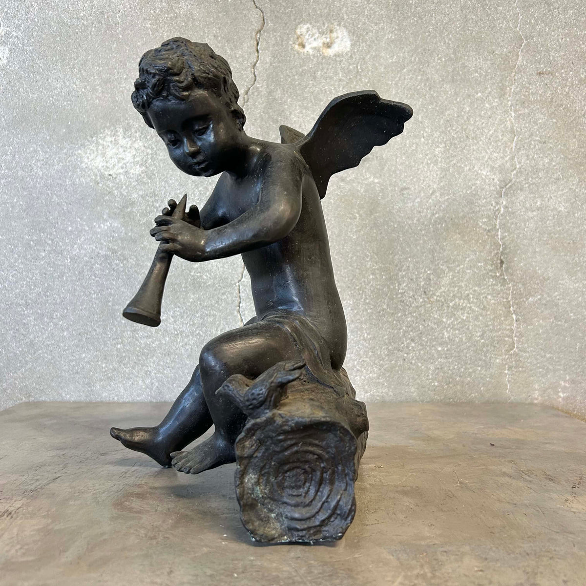 Bronze Vintage Cherub Angel Playing the Flute #1