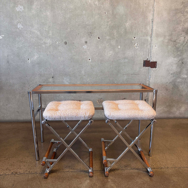 Vintage 1970's Chrome Oak Bar/Table With 2 Bar Stools New Upholstery
