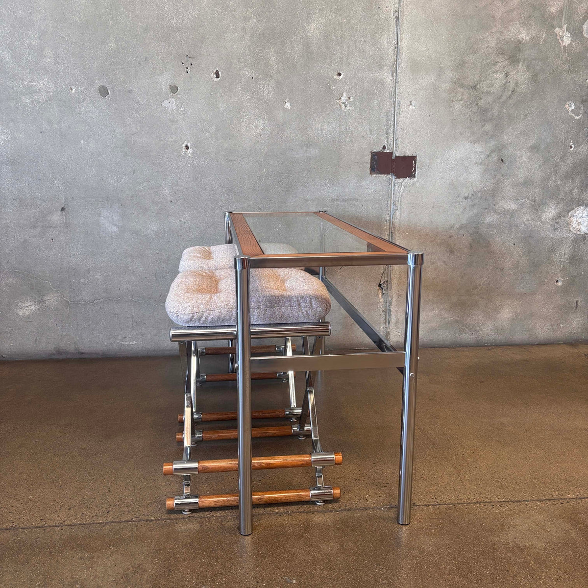 Vintage 1970's Chrome Oak Bar/Table With 2 Bar Stools New Upholstery