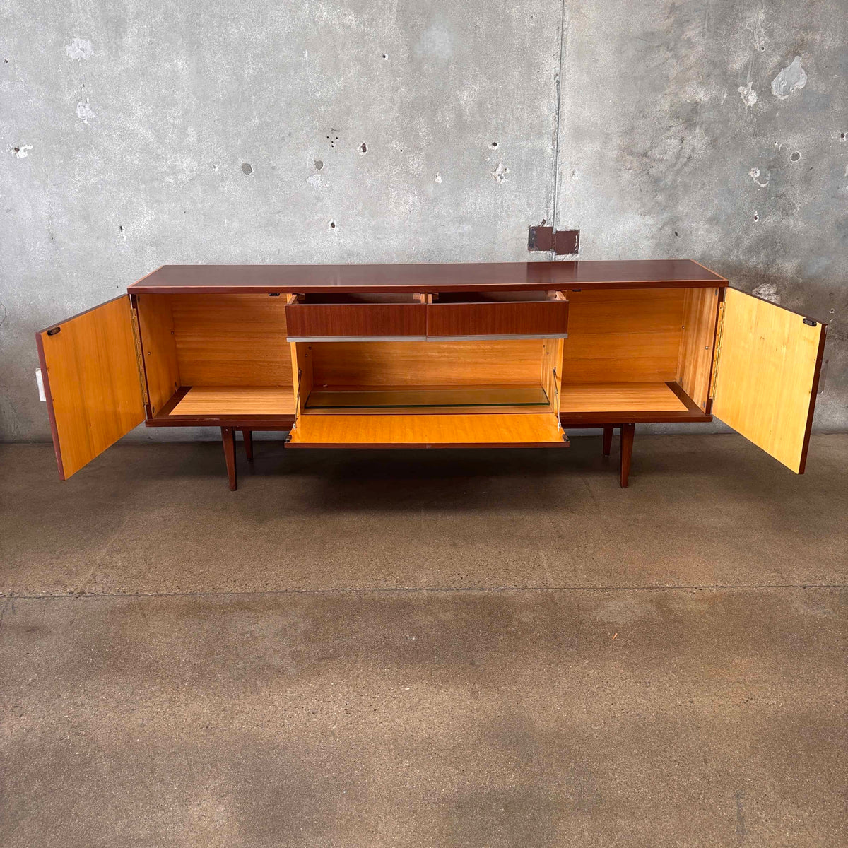 Mid Century Modern Cradenza Teak With Drop Down Compartment Tapered Legs
