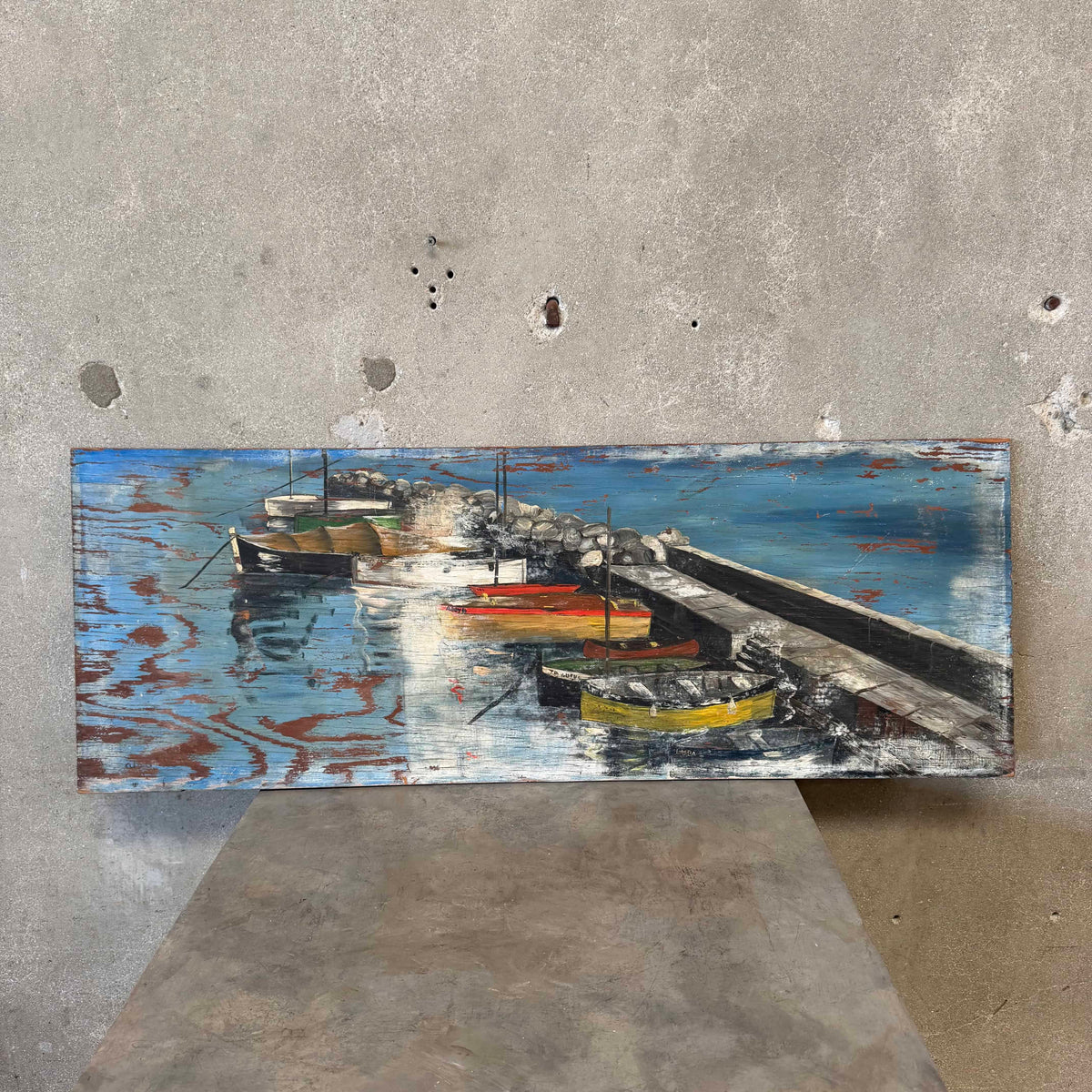 PR Motive Dock/Boat Scene Oil On Plywood