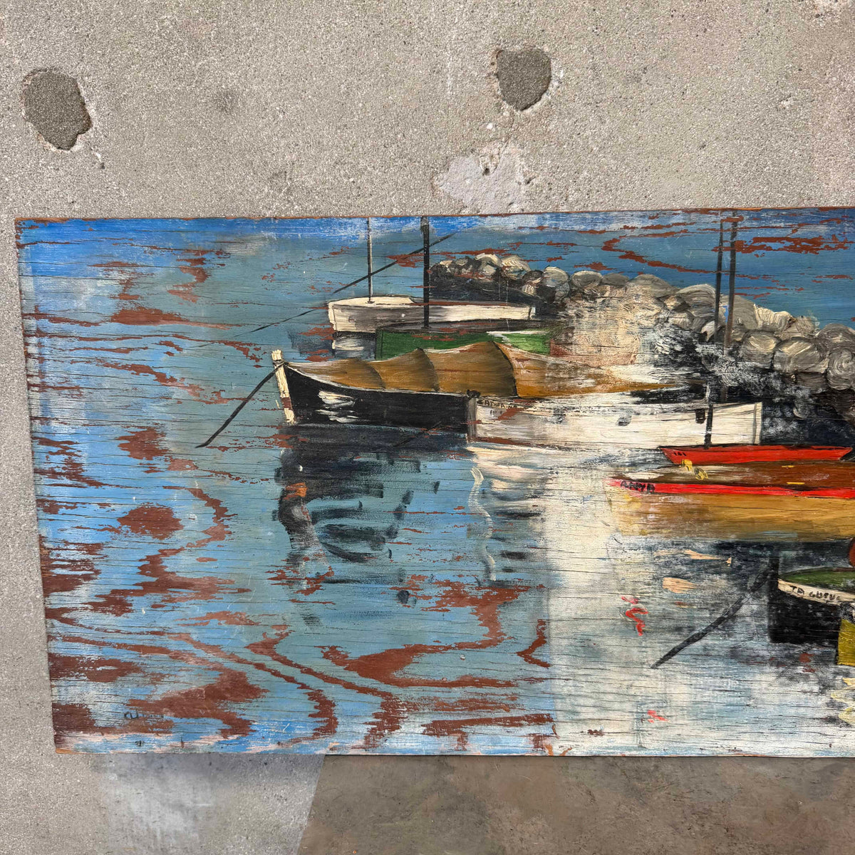 PR Motive Dock/Boat Scene Oil On Plywood