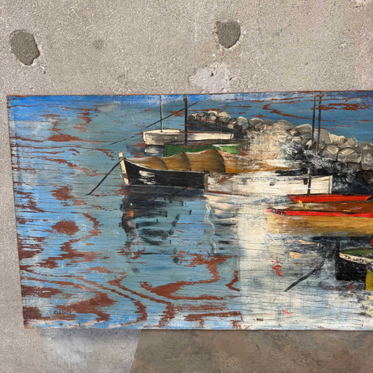 PR Motive Dock/Boat Scene Oil On Plywood