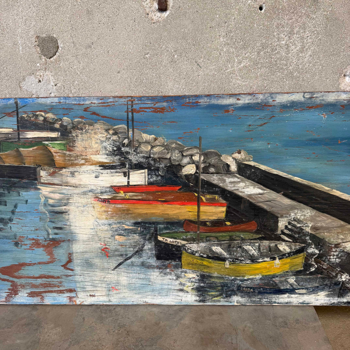 PR Motive Dock/Boat Scene Oil On Plywood