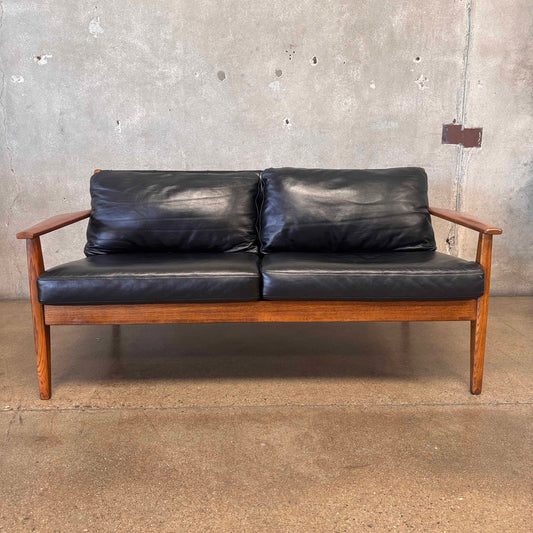 West Elm Mid Century Modern Black Leather Loveseat Walnut Finish