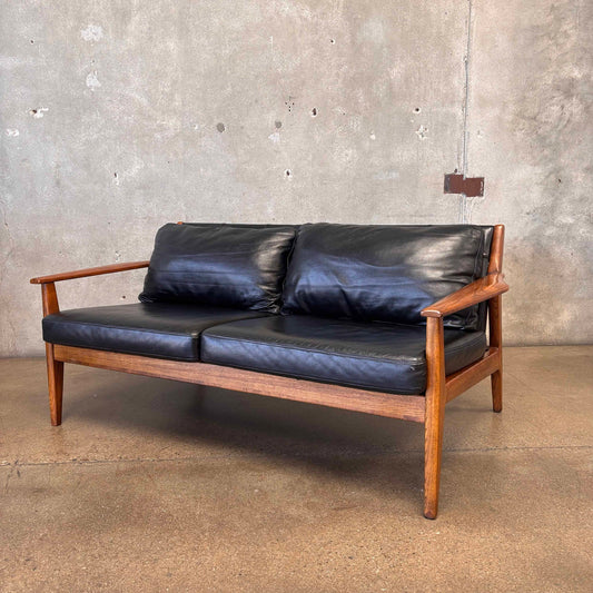 West Elm Mid Century Modern Black Leather Loveseat Walnut Finish