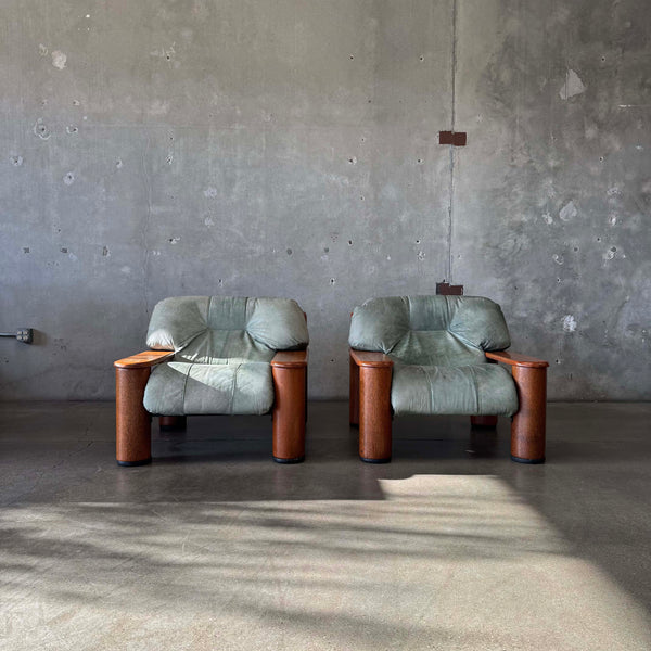 Leather + Palmwood Pair Of Lounge Chairs By Pacific Green
