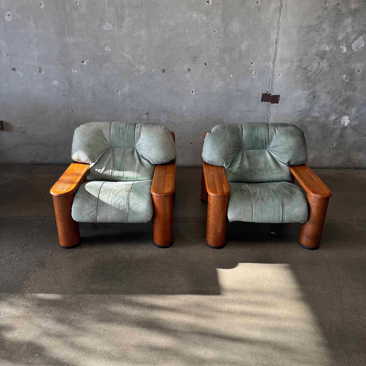 Pair of Leather + Palmwood Pair Of Lounge Chairs By Pacific Green