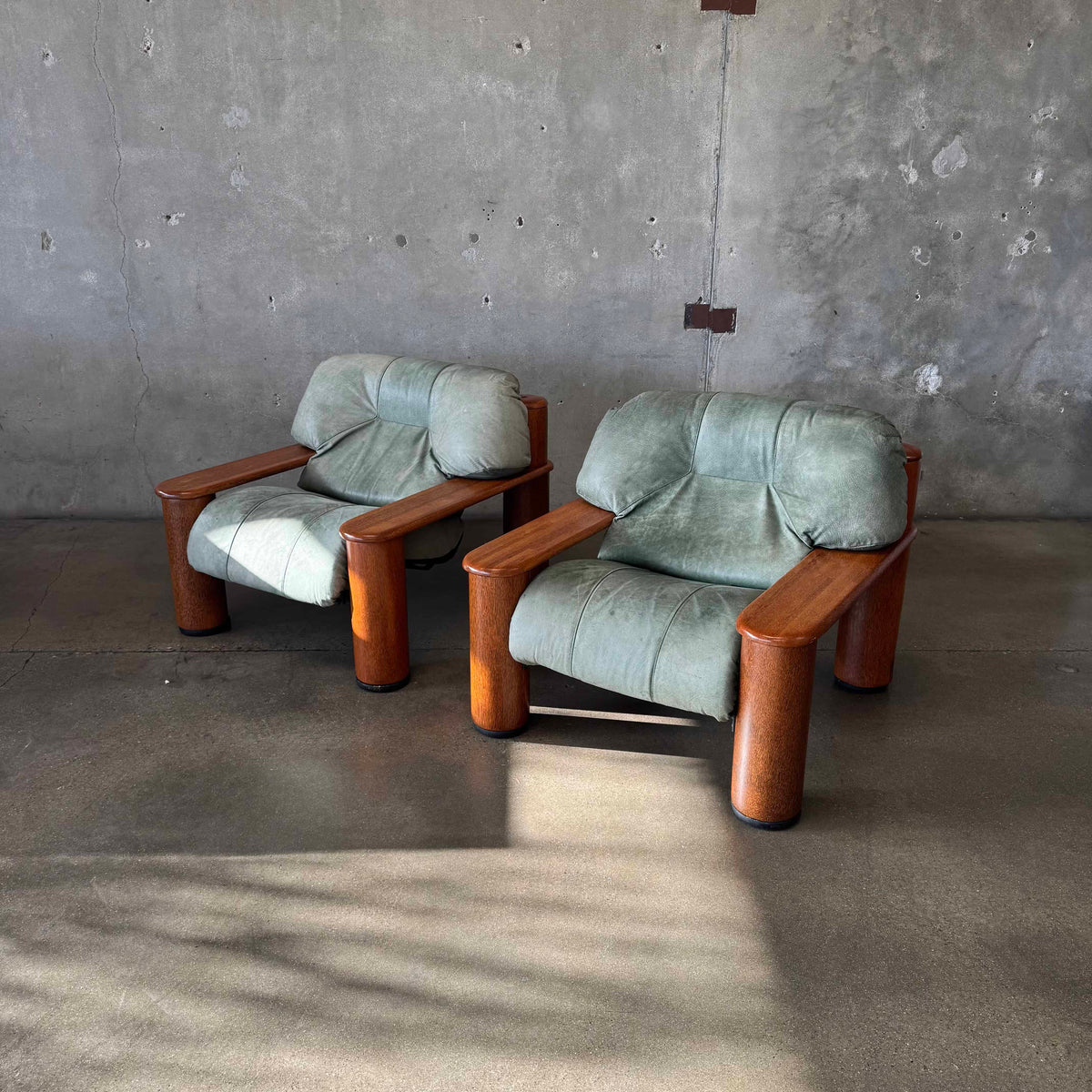 Pair of Leather + Palmwood Pair Of Lounge Chairs By Pacific Green