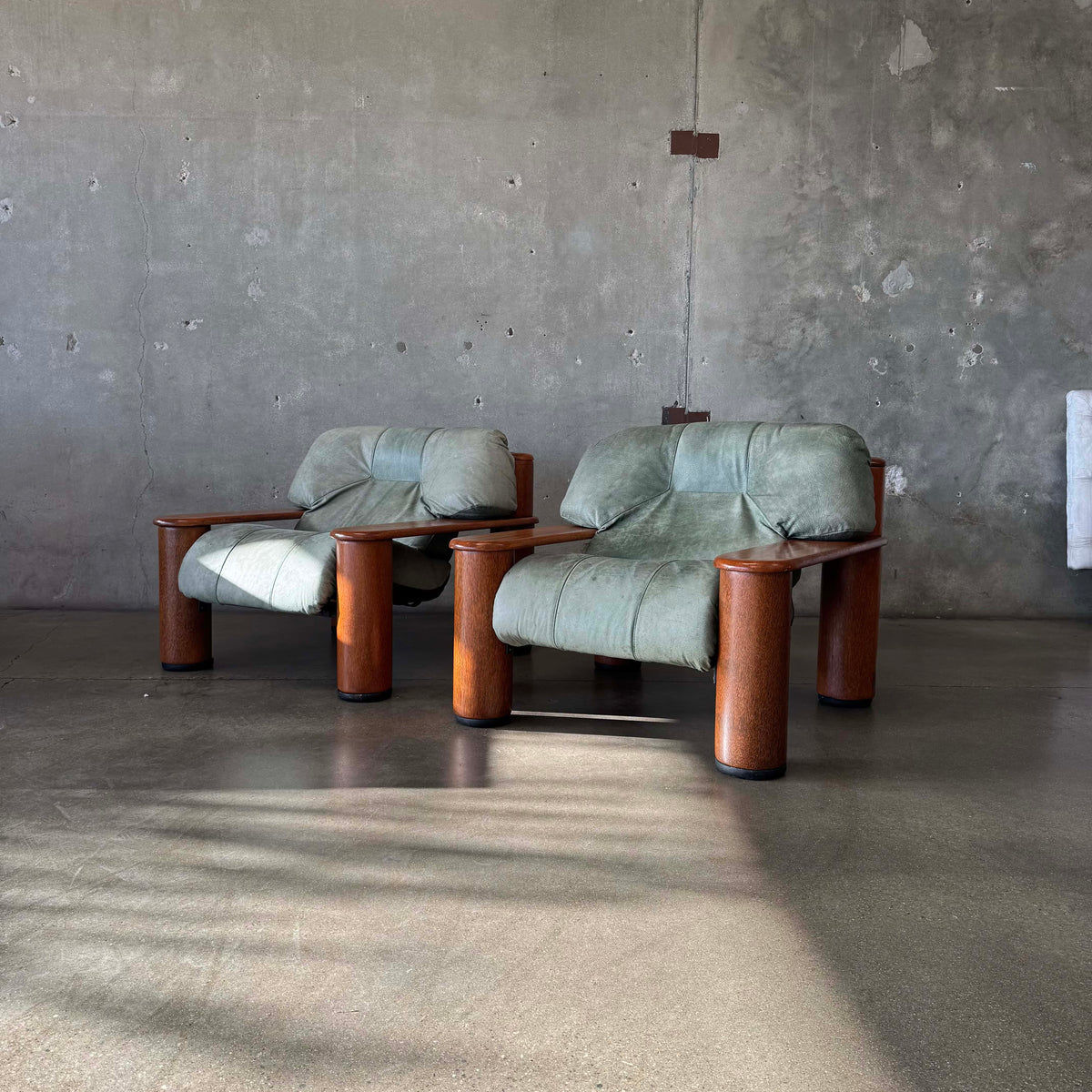 Pair of Leather + Palmwood Pair Of Lounge Chairs By Pacific Green