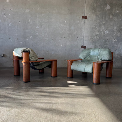 Pair of Leather + Palmwood Pair Of Lounge Chairs By Pacific Green