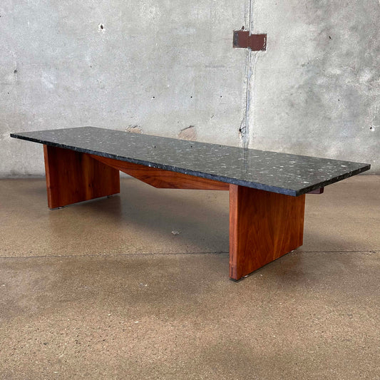 1960's Vintage Walnut Brutalist Coffee Table With Labradorite Blue Pearl Granite