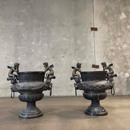Pair of Vintage Classical Bronze Cherub Urns