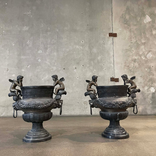 Pair of Vintage Classical Bronze Cherub Urns