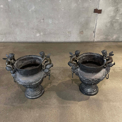 Pair of Vintage Classical Bronze Cherub Urns