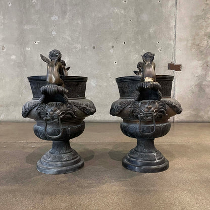 Pair of Vintage Classical Bronze Cherub Urns