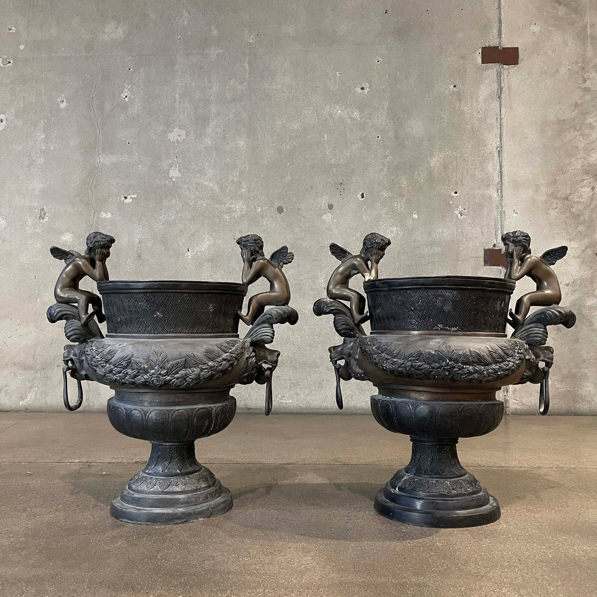 Pair of Vintage Classical Bronze Cherub Urns