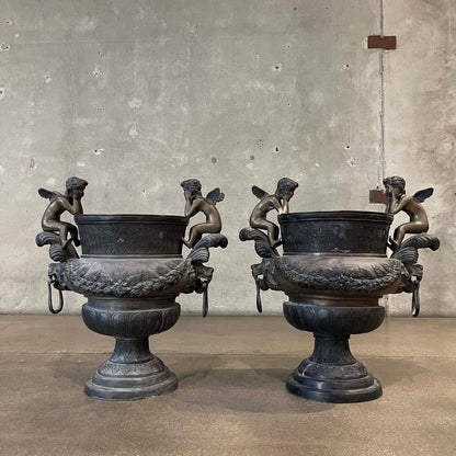 Pair of Vintage Classical Bronze Cherub Urns