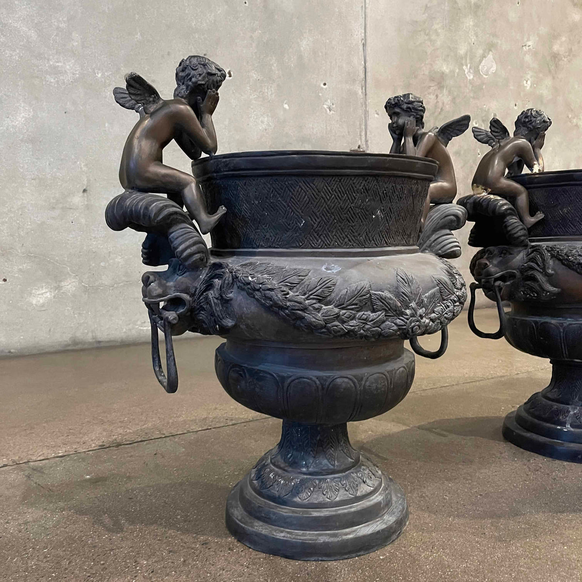 Pair of Vintage Classical Bronze Cherub Urns