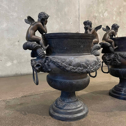 Pair of Vintage Classical Bronze Cherub Urns