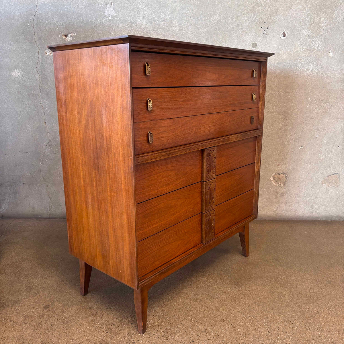 "Mayan" Highboy Dresser By Bassett C. 1960