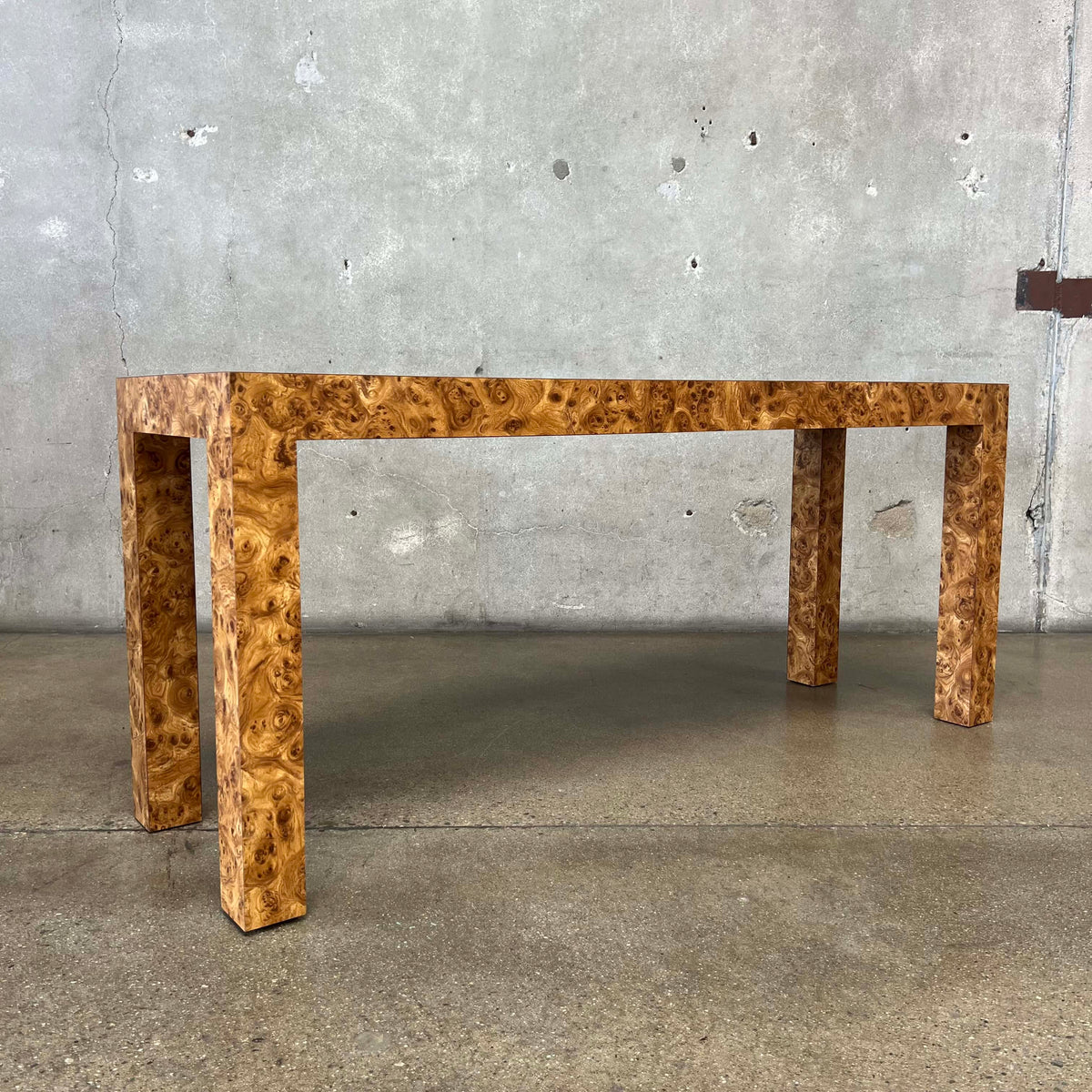 1970's Burl Laminate Parson's Console Table