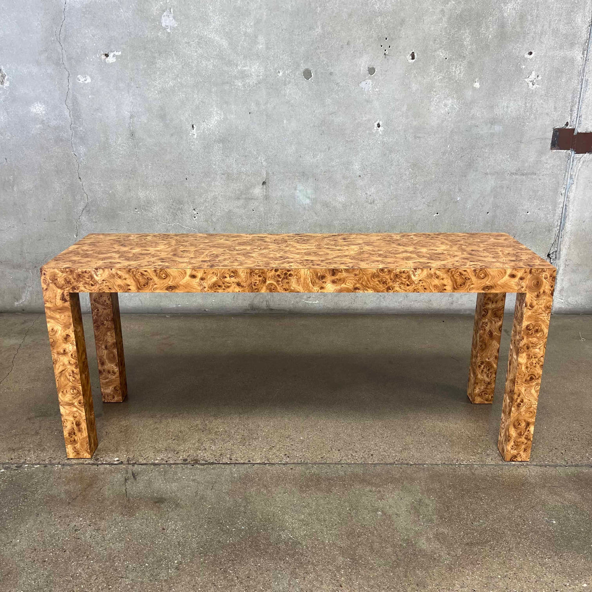 1970's Burl Laminate Parson's Console Table