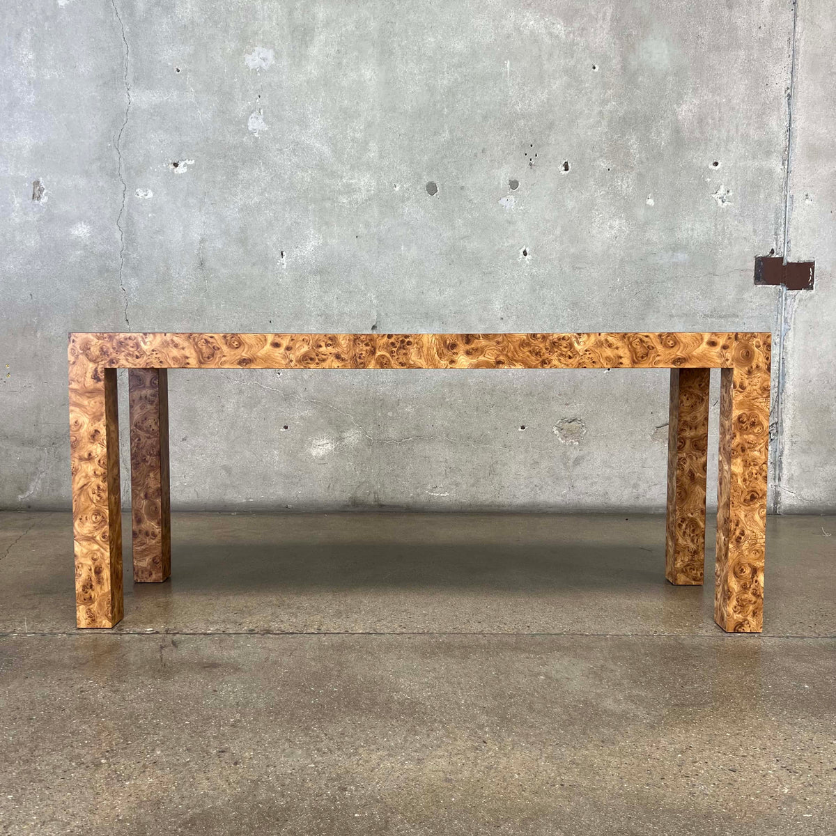 1970's Burl Laminate Parson's Console Table