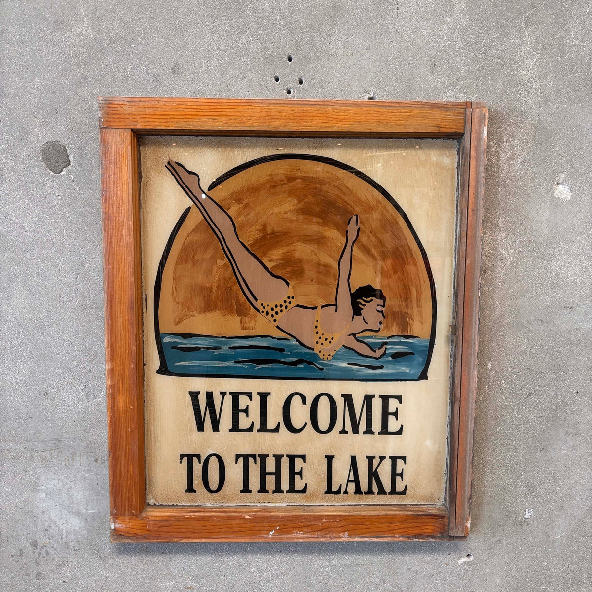 Antique Reverse Painted Window Welcome To The Lake