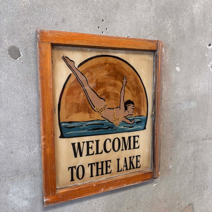 Antique Reverse Painted Window Welcome To The Lake
