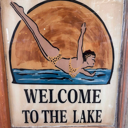Antique Reverse Painted Window Welcome To The Lake
