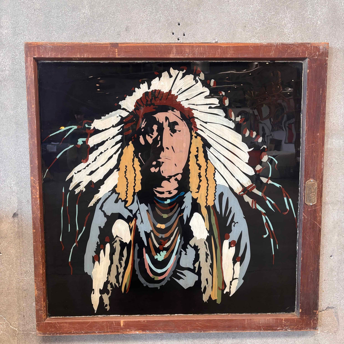 Reverse Painted Window Indian Chief
