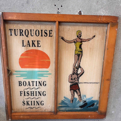 Antique Window Reverse Painted Water Skiing