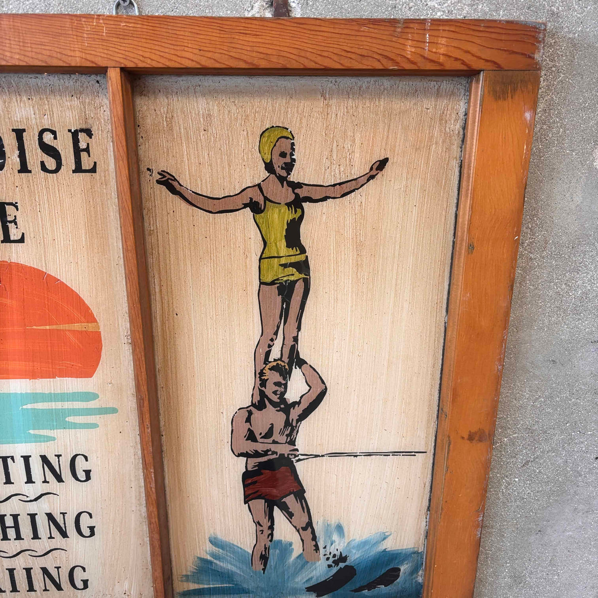 Antique Window Reverse Painted Water Skiing