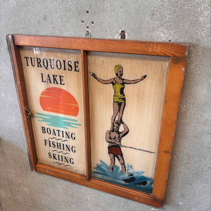 Antique Window Reverse Painted Water Skiing