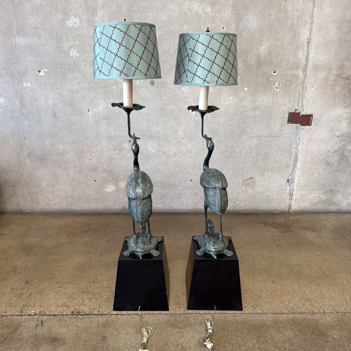 Vintage Crane on Turtle Floor Lamp Pair
