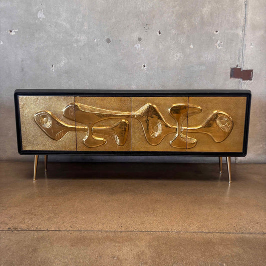 Jonathan Adler Reform 72" Oak & Brass Credenza Sideboard in Ebonized Finish