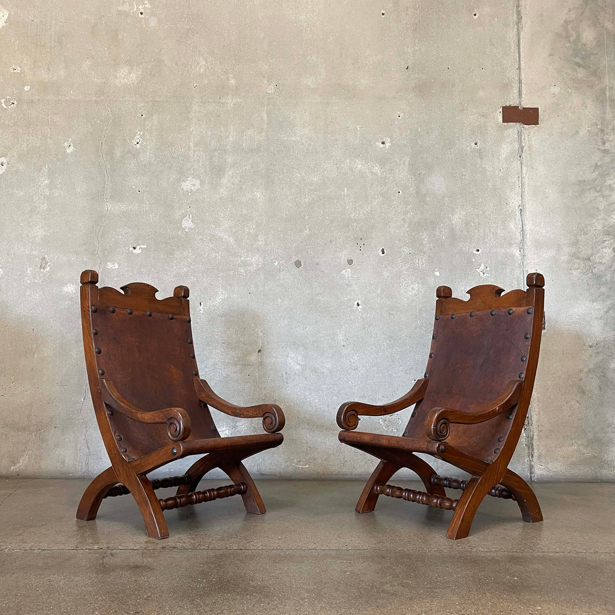 Vintage Mexican Butaque Leather/ Wood Chairs