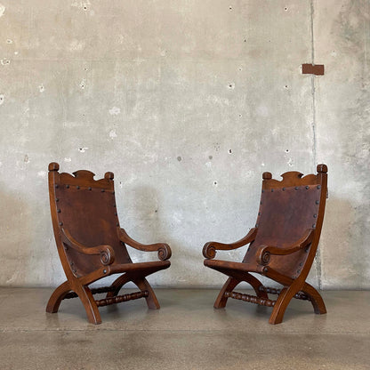 Vintage Mexican Butaque Leather/ Wood Chairs