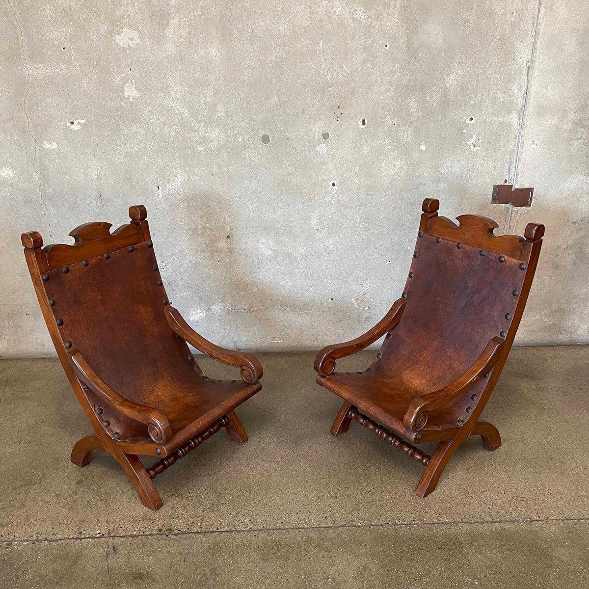 Vintage Mexican Butaque Leather/ Wood Chairs