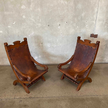 Vintage Mexican Butaque Leather/ Wood Chairs