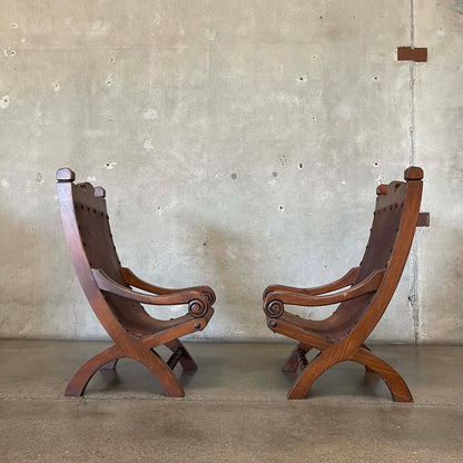 Vintage Mexican Butaque Leather/ Wood Chairs