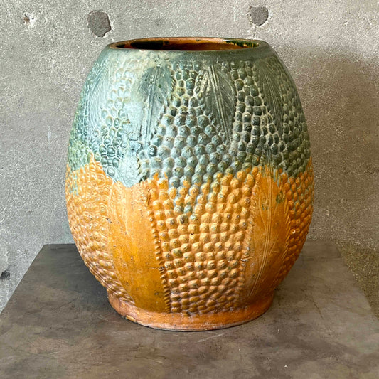 Vintage/Antique Majolica Corn Style Planter Orange + Green Glaze Pottery